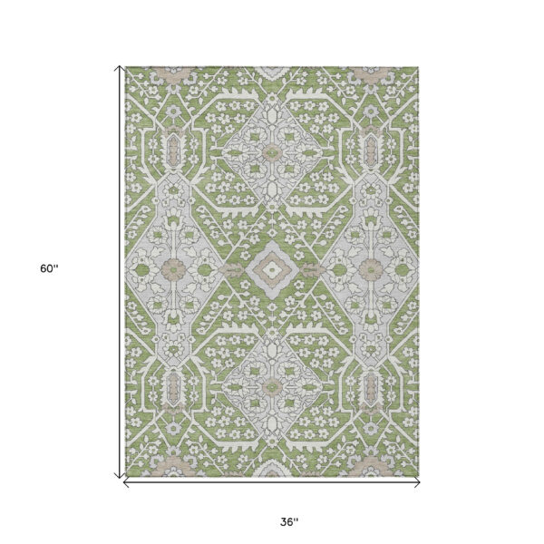 3' X 5' Artichoke Green Ivory And Gray Floral Washable Indoor Outdoor Area Rug