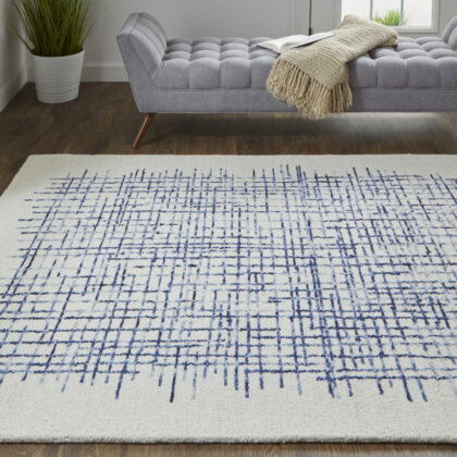 8' X 10' Ivory And Blue Wool Plaid Tufted Handmade Stain Resistant Area Rug