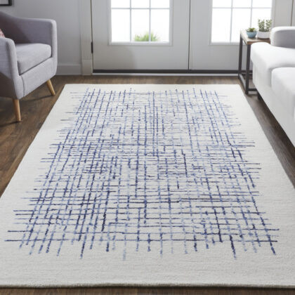 8' X 10' Ivory And Blue Wool Plaid Tufted Handmade Stain Resistant Area Rug