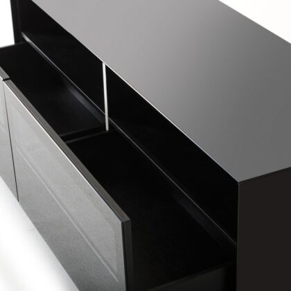 59" Black Glass And Wood Enclosed Storage TV Stand