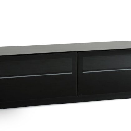 59" Black Glass And Wood Enclosed Storage TV Stand