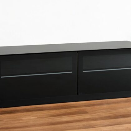 59" Black Glass And Wood Enclosed Storage TV Stand