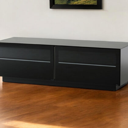 59" Black Glass And Wood Enclosed Storage TV Stand