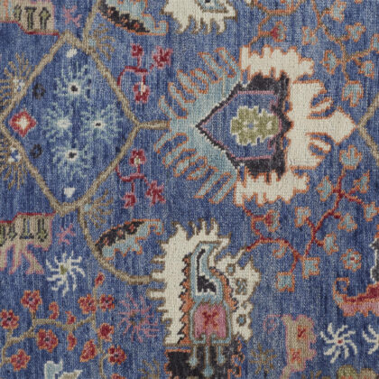 8' Blue And Red Wool Floral Hand Knotted Stain Resistant Runner Rug