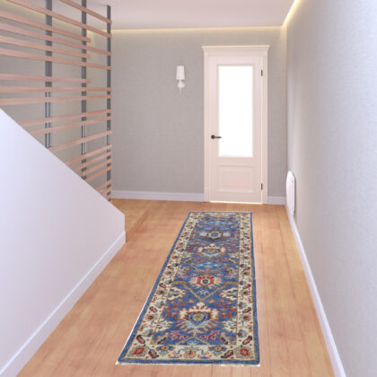 8' Blue And Red Wool Floral Hand Knotted Stain Resistant Runner Rug