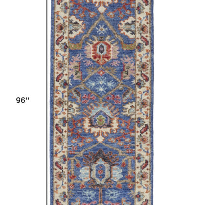8' Blue And Red Wool Floral Hand Knotted Stain Resistant Runner Rug