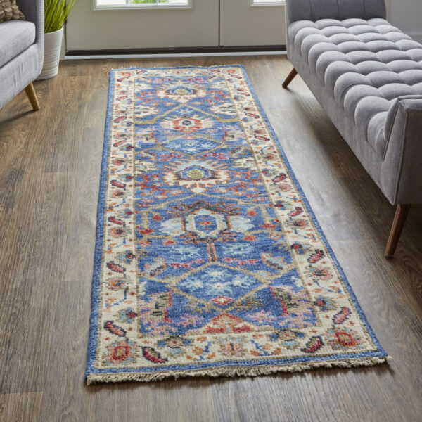 8' Blue And Red Wool Floral Hand Knotted Stain Resistant Runner Rug