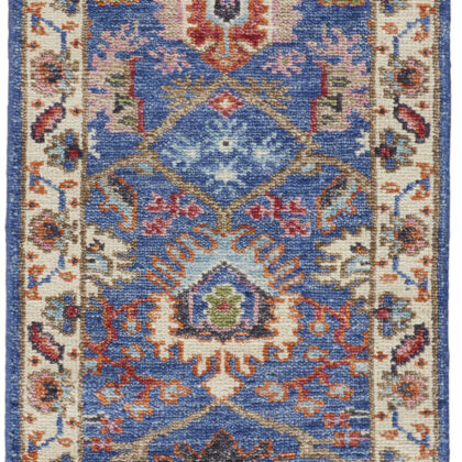8' Blue And Red Wool Floral Hand Knotted Stain Resistant Runner Rug