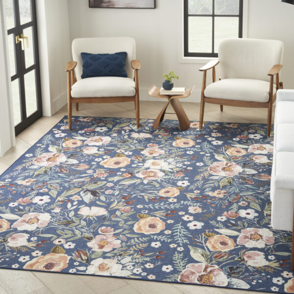 6' x 9' Blue and Green Floral Power Loom Washable Non Skid Area Rug
