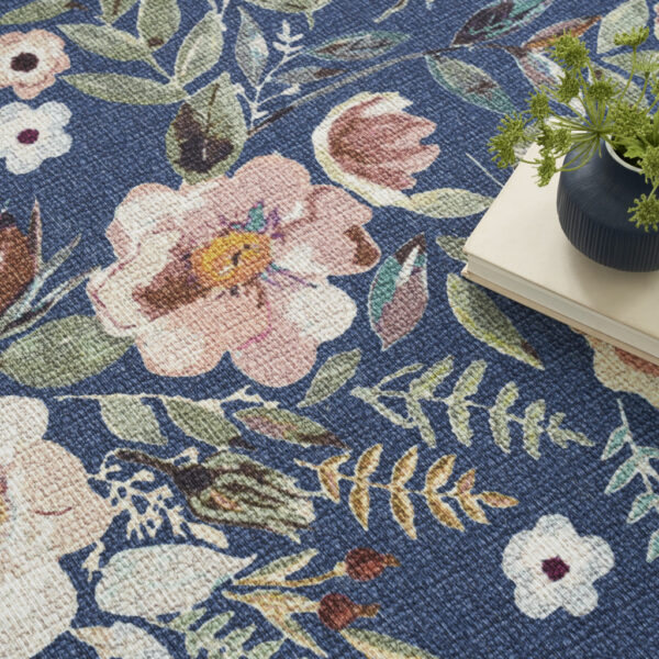 6' x 9' Blue and Green Floral Power Loom Washable Non Skid Area Rug