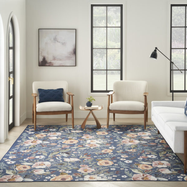 6' x 9' Blue and Green Floral Power Loom Washable Non Skid Area Rug