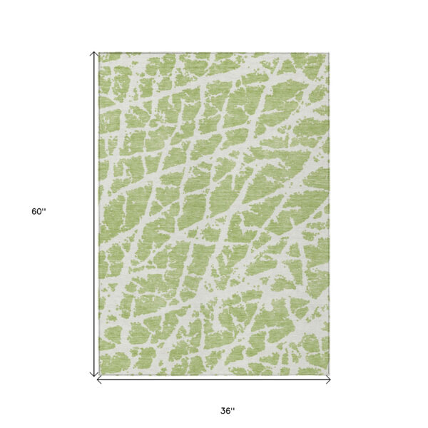 3' X 5' Green and White Abstract Washable Non Skid Indoor Outdoor Area Rug