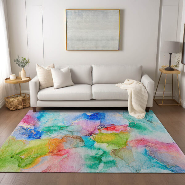 8' X 10' Blue Pink and Green Abstract Washable Indoor Outdoor Area Rug