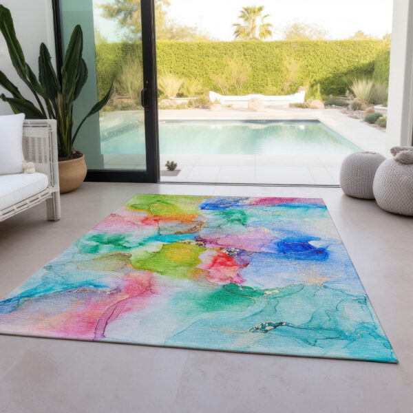 8' X 10' Blue Pink and Green Abstract Washable Indoor Outdoor Area Rug
