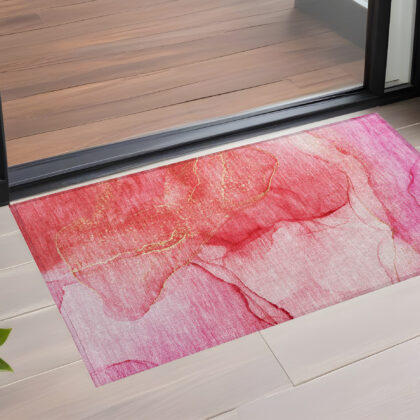 2' X 3' Pink Abstract Washable Non Skid Indoor Outdoor Area Rug