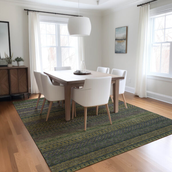 10' X 14' Olive Green Striped Washable Non Skid Indoor Outdoor Area Rug