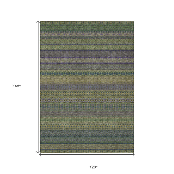 10' X 14' Olive Green Striped Washable Non Skid Indoor Outdoor Area Rug