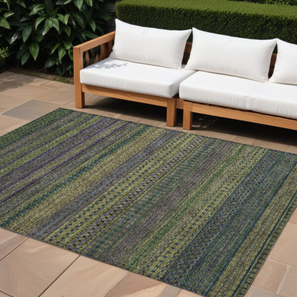10' X 14' Olive Green Striped Washable Non Skid Indoor Outdoor Area Rug