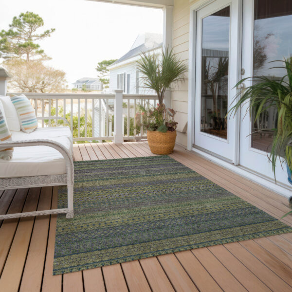 10' X 14' Olive Green Striped Washable Non Skid Indoor Outdoor Area Rug