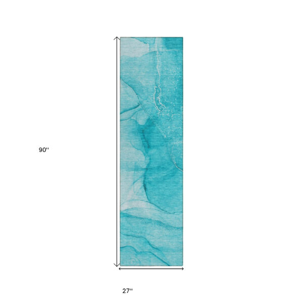 8' Runner Teal Abstract Washable Non Skid Indoor Outdoor Runner Rug