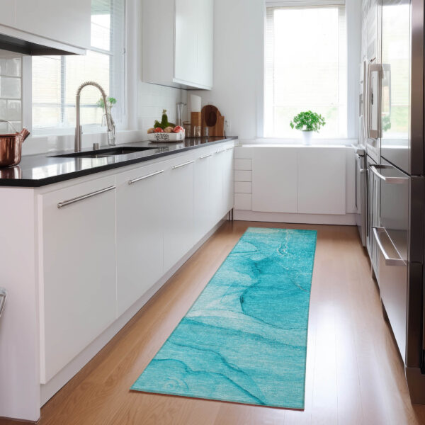 8' Runner Teal Abstract Washable Non Skid Indoor Outdoor Runner Rug