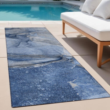 2' X 8' Navy Blue Abstract Washable Indoor Outdoor Runner Rug
