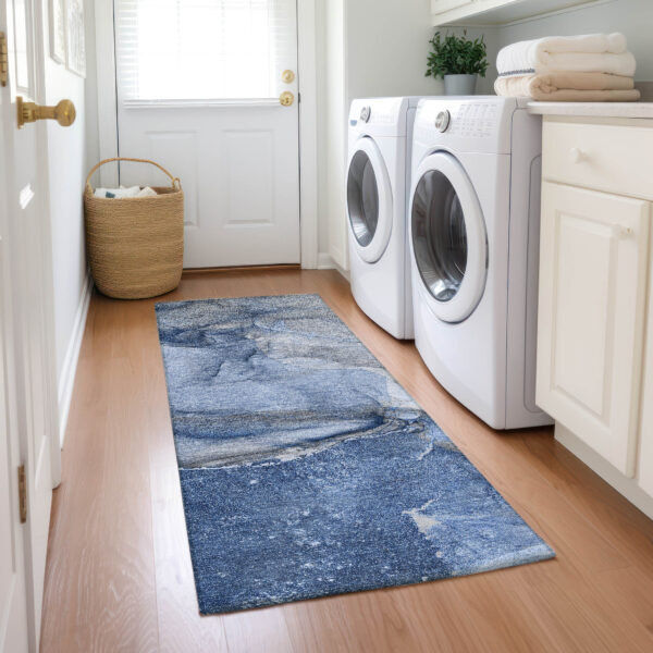 2' X 8' Navy Blue Abstract Washable Indoor Outdoor Runner Rug