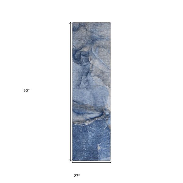 2' X 8' Navy Blue Abstract Washable Indoor Outdoor Runner Rug
