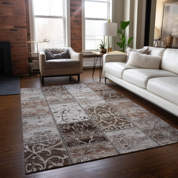 5' X 8' Taupe and Ivory Patchwork Washable Non Skid Indoor Outdoor Area Rug