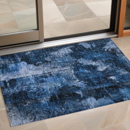 3' X 5' Navy Blue Floral Washable Non Skid Indoor Outdoor Area Rug