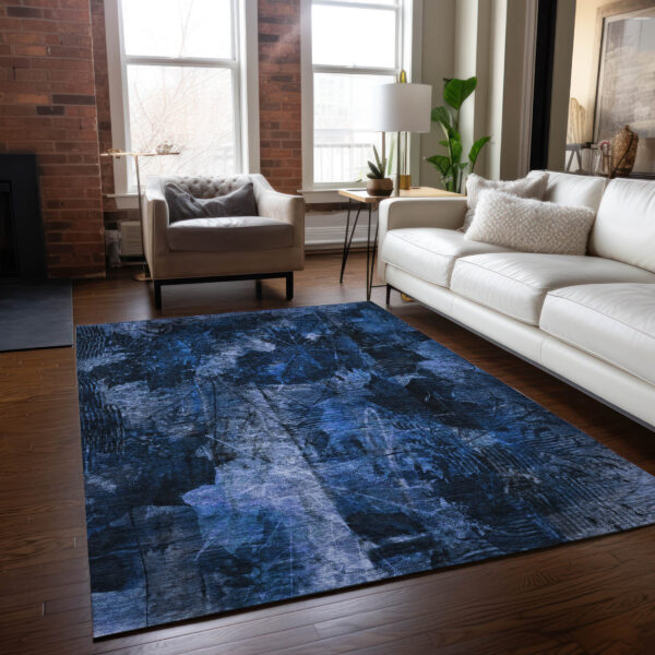 3' X 5' Navy Blue Floral Washable Non Skid Indoor Outdoor Area Rug