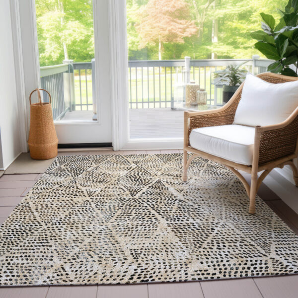 10' X 14' Beige Ivory And Black Geometric Washable Indoor Outdoor Area Rug