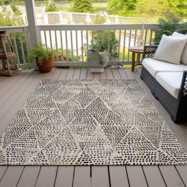 10' X 14' Beige Ivory And Black Geometric Washable Indoor Outdoor Area Rug