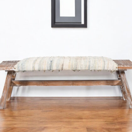 50" White and Brown Cotton Upholstered Striped Bench
