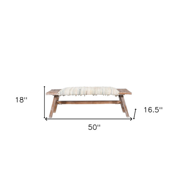 50" White and Brown Cotton Upholstered Striped Bench