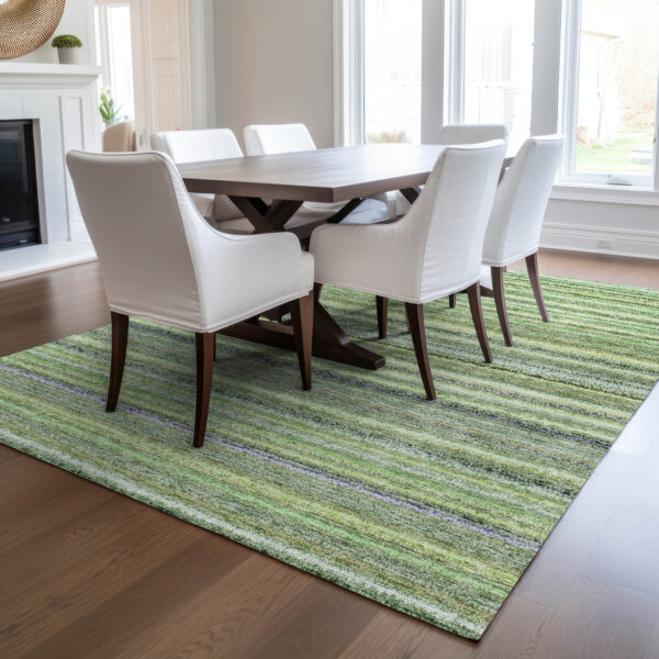 3' X 5' Artichoke Green And Olive Green Striped Washable Indoor Outdoor Area Rug