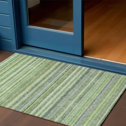 3' X 5' Artichoke Green And Olive Green Striped Washable Indoor Outdoor Area Rug
