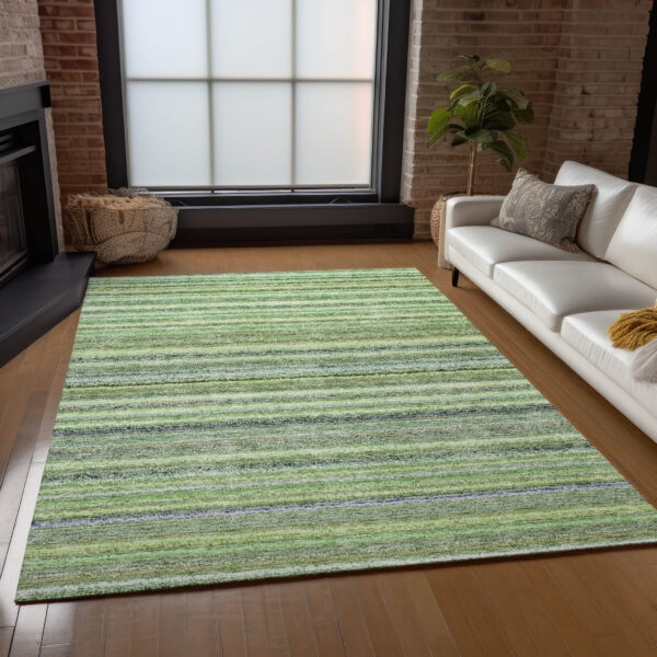 3' X 5' Artichoke Green And Olive Green Striped Washable Indoor Outdoor Area Rug