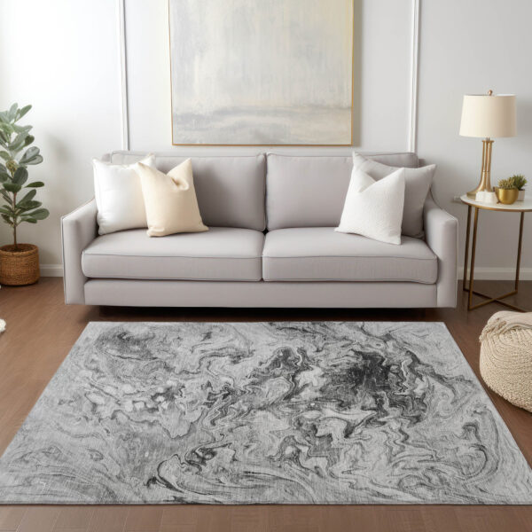 3' X 5' Gray Charcoal And Silver Abstract Washable Indoor Outdoor Area Rug