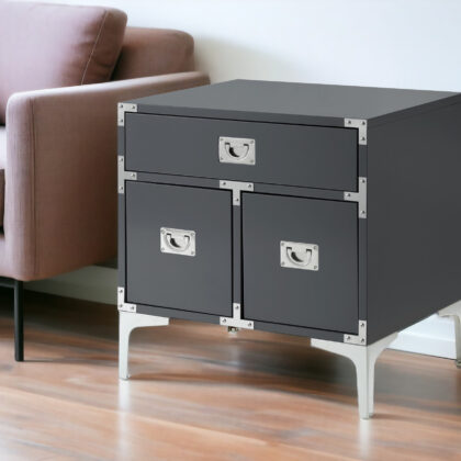 24" Dark Gray And Silver Wood And Metal End Table With Drawer