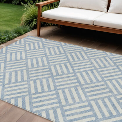 8' X 10' Sky Blue And Ivory Geometric Washable Indoor Outdoor Area Rug