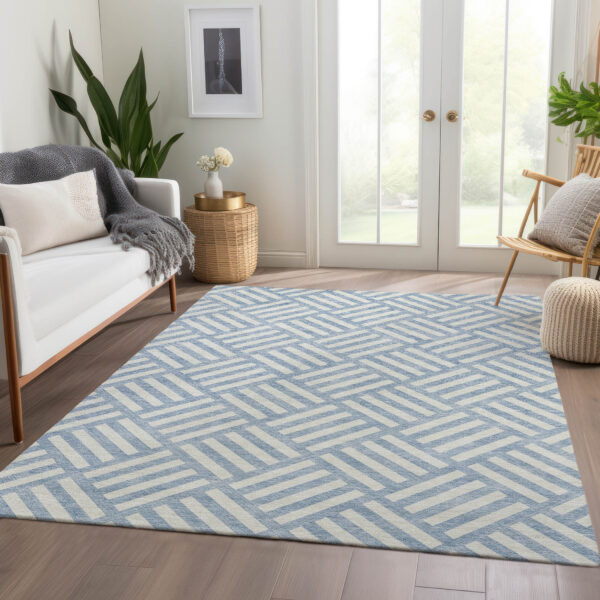 8' X 10' Sky Blue And Ivory Geometric Washable Indoor Outdoor Area Rug