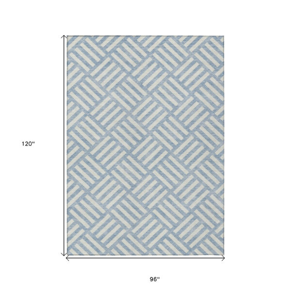 8' X 10' Sky Blue And Ivory Geometric Washable Indoor Outdoor Area Rug
