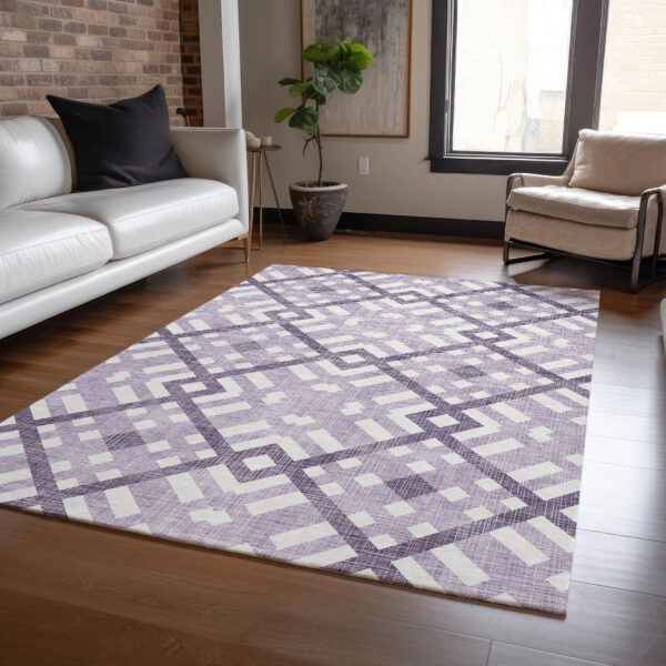 9' X 12' Purple Lilac And Ivory Geometric Washable Indoor Outdoor Area Rug