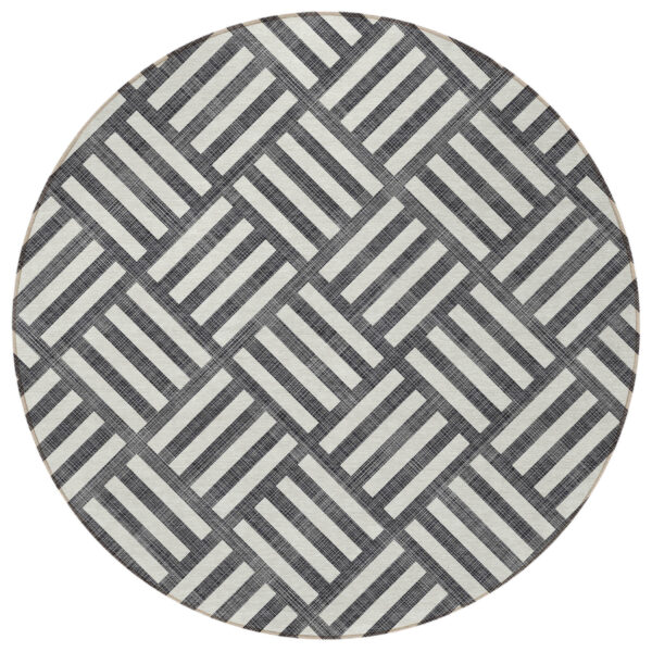 8' Black And Ivory Round Geometric Washable Indoor Outdoor Area Rug
