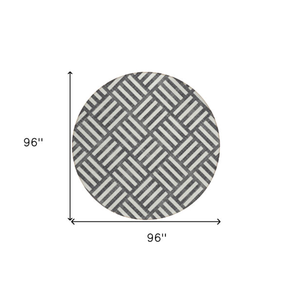 8' Black And Ivory Round Geometric Washable Indoor Outdoor Area Rug