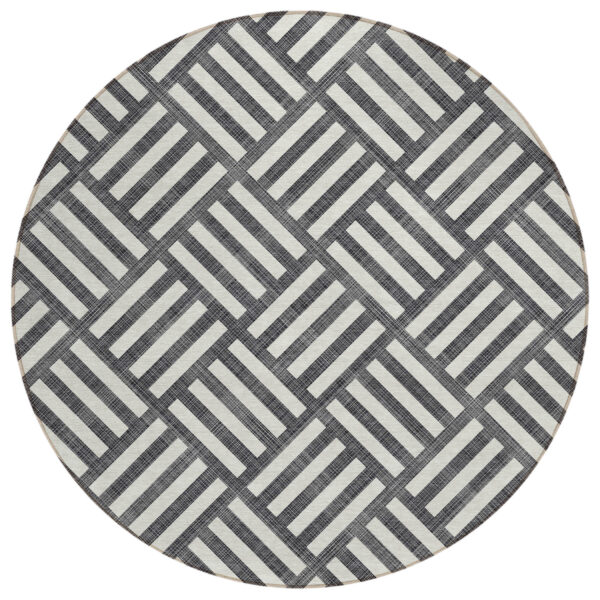 8' Black And Ivory Round Geometric Washable Indoor Outdoor Area Rug