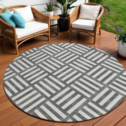 8' Black And Ivory Round Geometric Washable Indoor Outdoor Area Rug