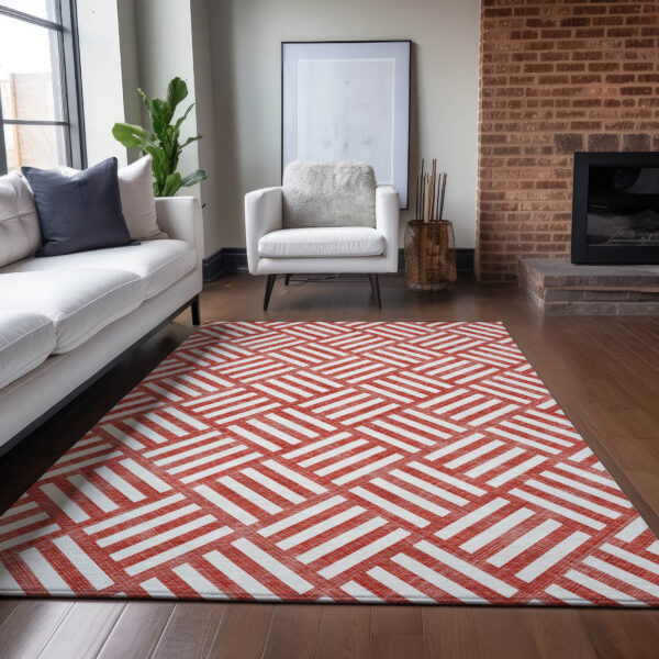 3' X 5' Red And Ivory Geometric Washable Indoor Outdoor Area Rug