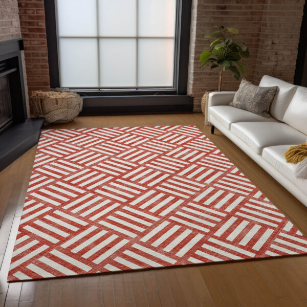 3' X 5' Red And Ivory Geometric Washable Indoor Outdoor Area Rug